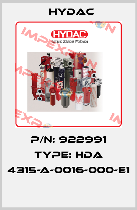 P/N: 922991 Type: HDA 4315-A-0016-000-E1  Hydac