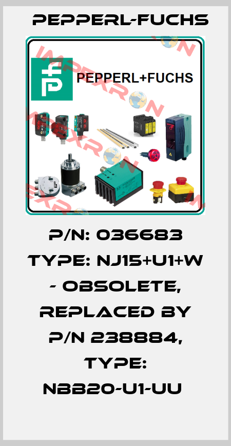 P/N: 036683 Type: NJ15+U1+W - obsolete, replaced by P/N 238884, Type: NBB20-U1-UU  Pepperl-Fuchs