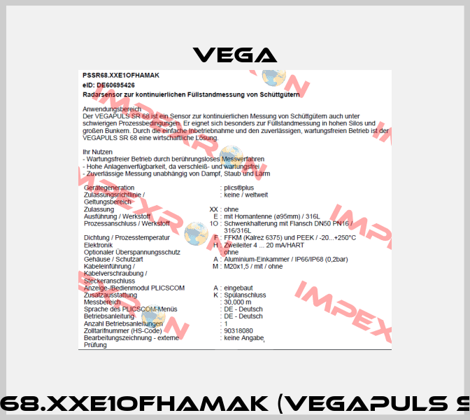 PSSR68.XXE1OFHAMAK (VEGAPULS SR 68) Vega